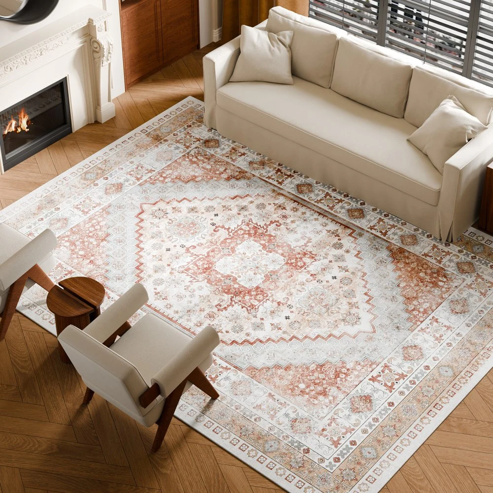 VEVOR Area Rug, 9 x 12 ft Large Washable Rug, Non-Slip and Tear-Resistant Soft Carpet, Pet & Child Friendly Vintage Area Rugs, Indoor Mat for Bedroom, Living Room, Kids Room, Office, Brown Red