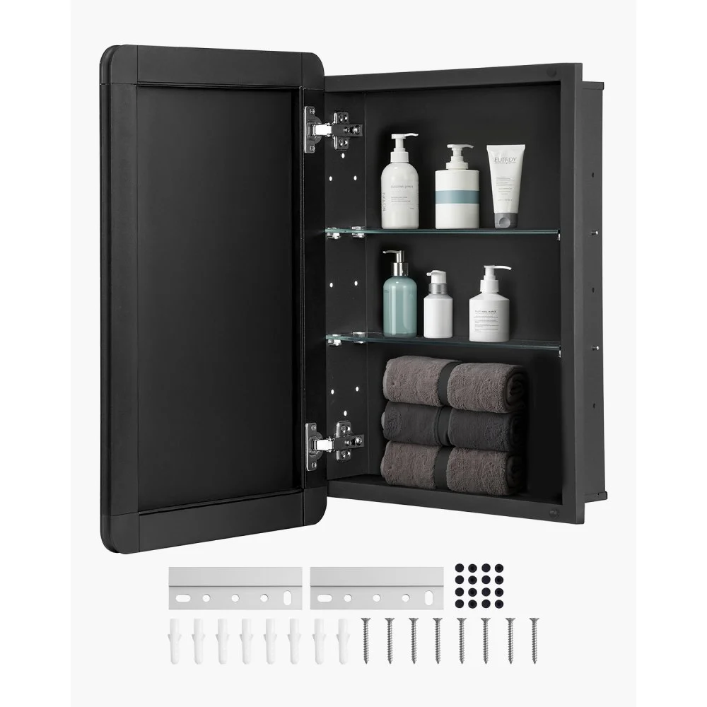 VEVOR Medicine Cabinet, 16 x 24 inch, Medicine Cabinet for Bathroom with Mirror,  Aluminum Frame Bathroom Wall Cabinet, 2-layer Adjustable Shelves, Recessed & Wall-mounted Installation