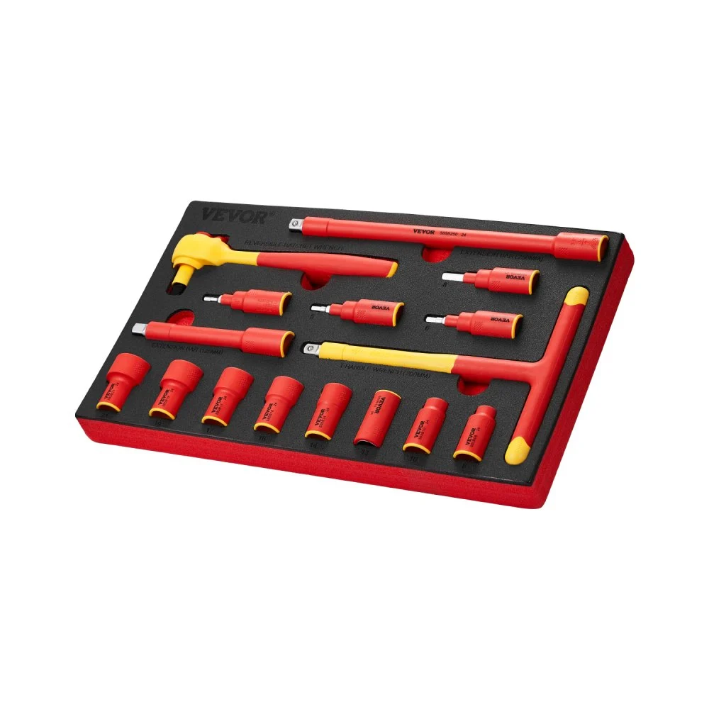 VEVOR Insulated Socket Set, 16-Piece Insulated Wrench Tool Set, 1000V Insulated Socket Tool, with Insulated Sockets, Insulated T-Handle Wrench, Drive Rachet, Extensions, for Electricians Home Repair