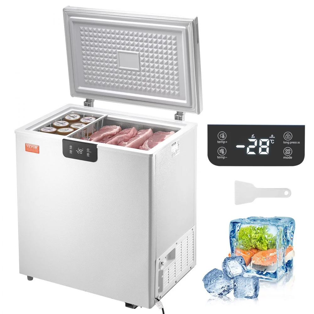 VEVOR Chest Freezer, 3.88 Cu.ft / 110 L Compact Deep Freezer, Free Standing Top Open Door Compact Freezers with 2 Removable Baskets & Adjustable Thermostat, Energy Saving & Low Noise, White