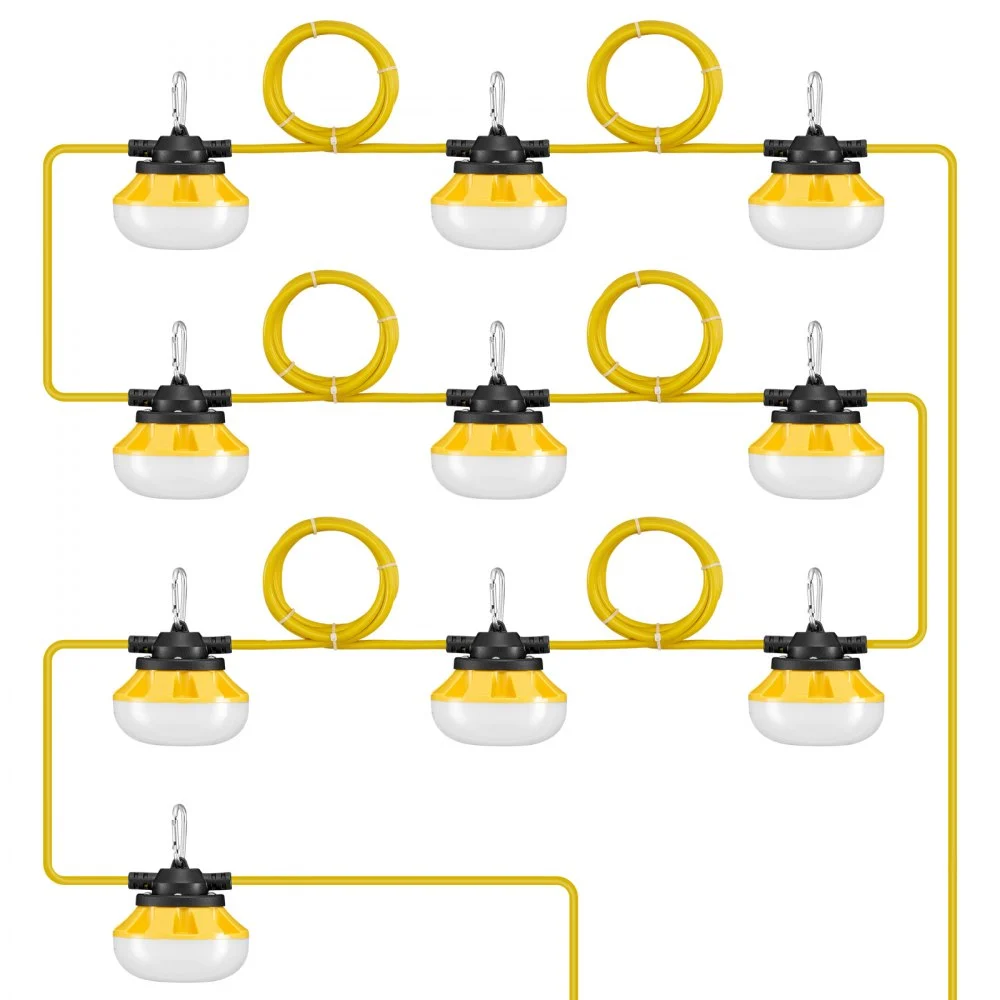 VEVOR 100FT Construction String Lights, 100W 10000LM, 10PCs String Work Light, 5000K, IP65 Waterproof, with Hanging Hooks, for Construction Site, Temporary Lighting Indoor & Outdoor, ETL Listed