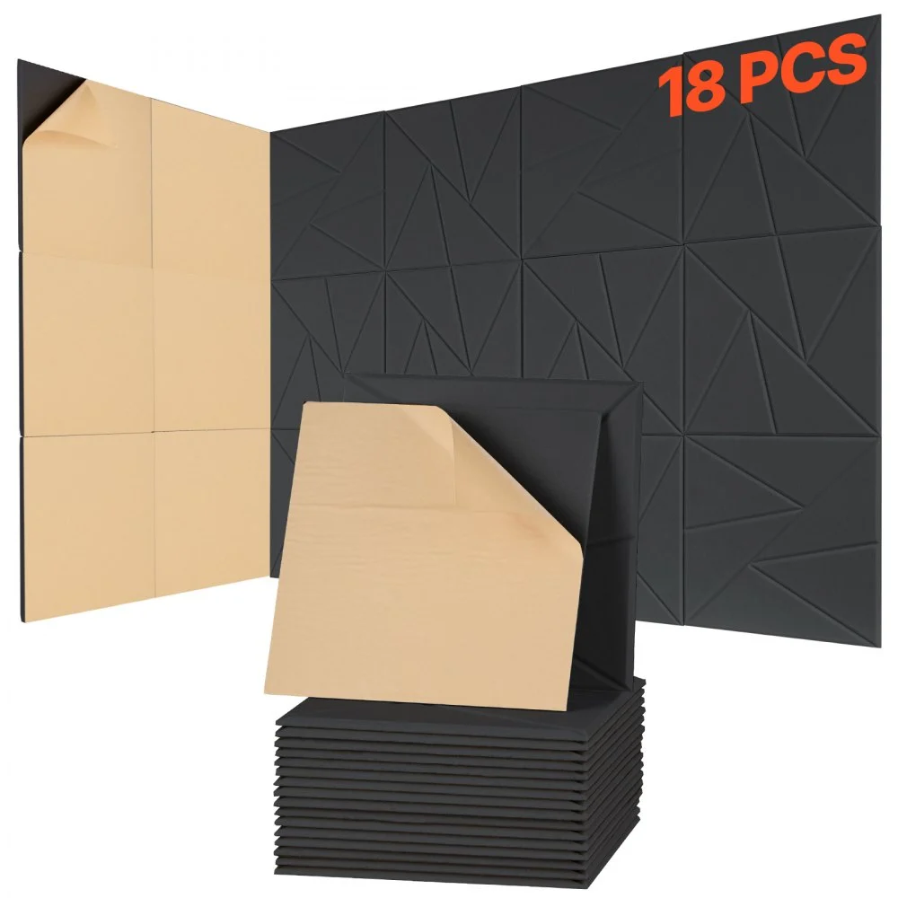 VEVOR 18 Pack Acoustic Panels with Self Adhesive, 11.8 x 11.8 x 0.4 inch Sound Proof Foam Panels, Polyester Fiber Soundproof Wall Panels High Density, for Home, Studio, Office, Theater, Black