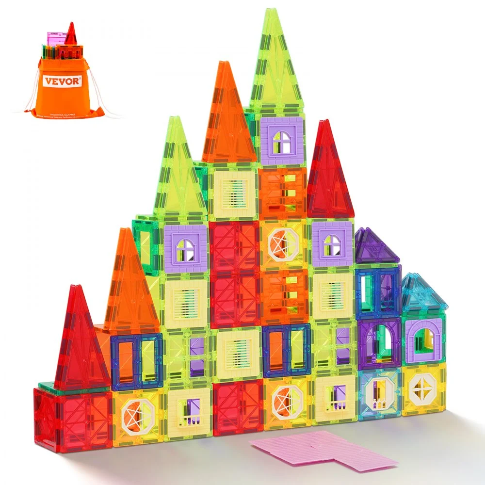 VEVOR Magnetic Tiles, 121 PCS Magnetic Building Blocks for Kids, Magnet Building Set with 2 Car Bases & 26 Digital Cards, STEM Educational Construction Stacking Toys for Toddlers Boys Girls Aged 5+