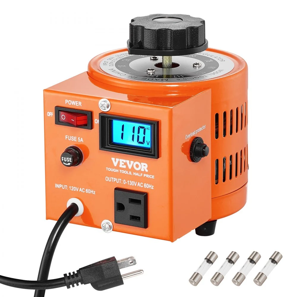VEVOR 500VA Auto Variable Voltage Transformer, 3.84 Amp, 110V Input 0-130V Output AC Voltage Regulator, with LCD Display 4 Extra Fuses Thermal Control Switch for Home Industrial Office