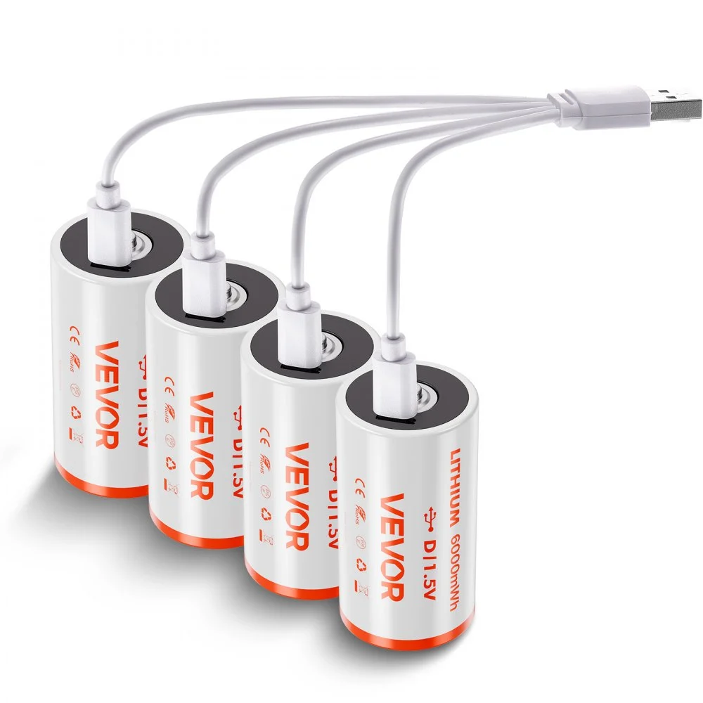 VEVOR Rechargeable D Batteries, 4 Pack, 1.5V 6000mWh Lithium D Battery with 4 in 1 USB-C Charge Cable, Recharge Up to 1000+ Cycles, Lithium-ion D Cell Batteries for Flashlights, Floodlight, Toys