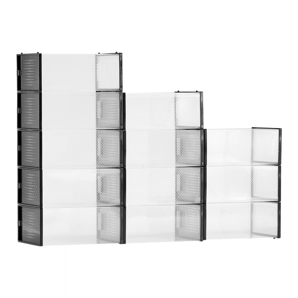 VEVOR Shoe Storage Boxes, 12 Pack Stackable Shoe Boxes Storage Organizers, Fit up to US Size 11, Plastic Modular Space Saving Sneaker Containers for Storing High Heels, Boots, and Hats, Black Frame