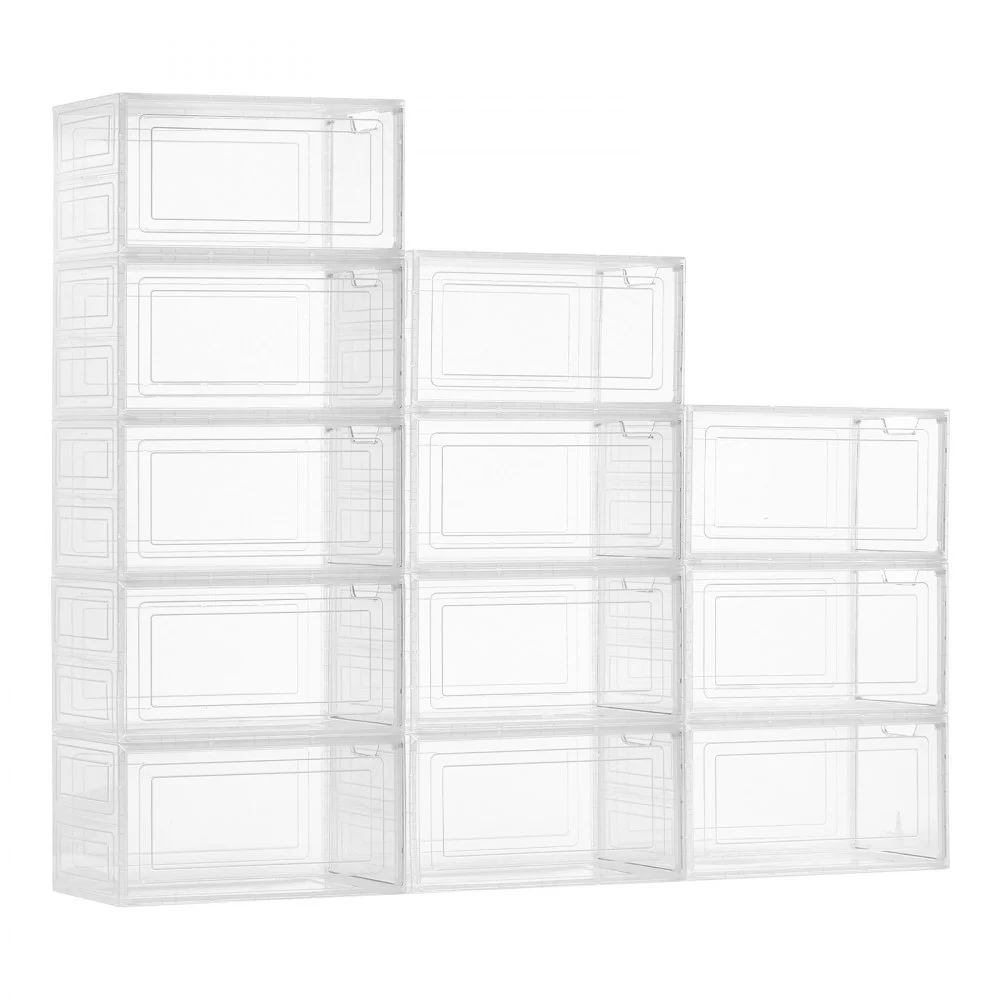 VEVOR Shoe Storage Boxes, 12 Pack Clear Stackable Shoe Boxes Storage Organizers with Magnetic Door, Fit up to US Size 13, Plastic Sneaker Containers for High Heels, Boots, and Hats, Transparent White