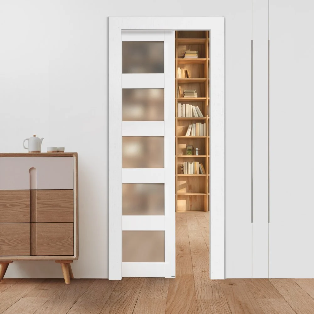 VEVOR Sliding Pocket Door, 30" x 80", 5-Lite Frosted Glass Single Sliding Door with Hardware Kit, Sturdy Solid Wood & MDF Pocket Doors Slab with Waterproof Surface for Bedroom Kitchen Study Room
