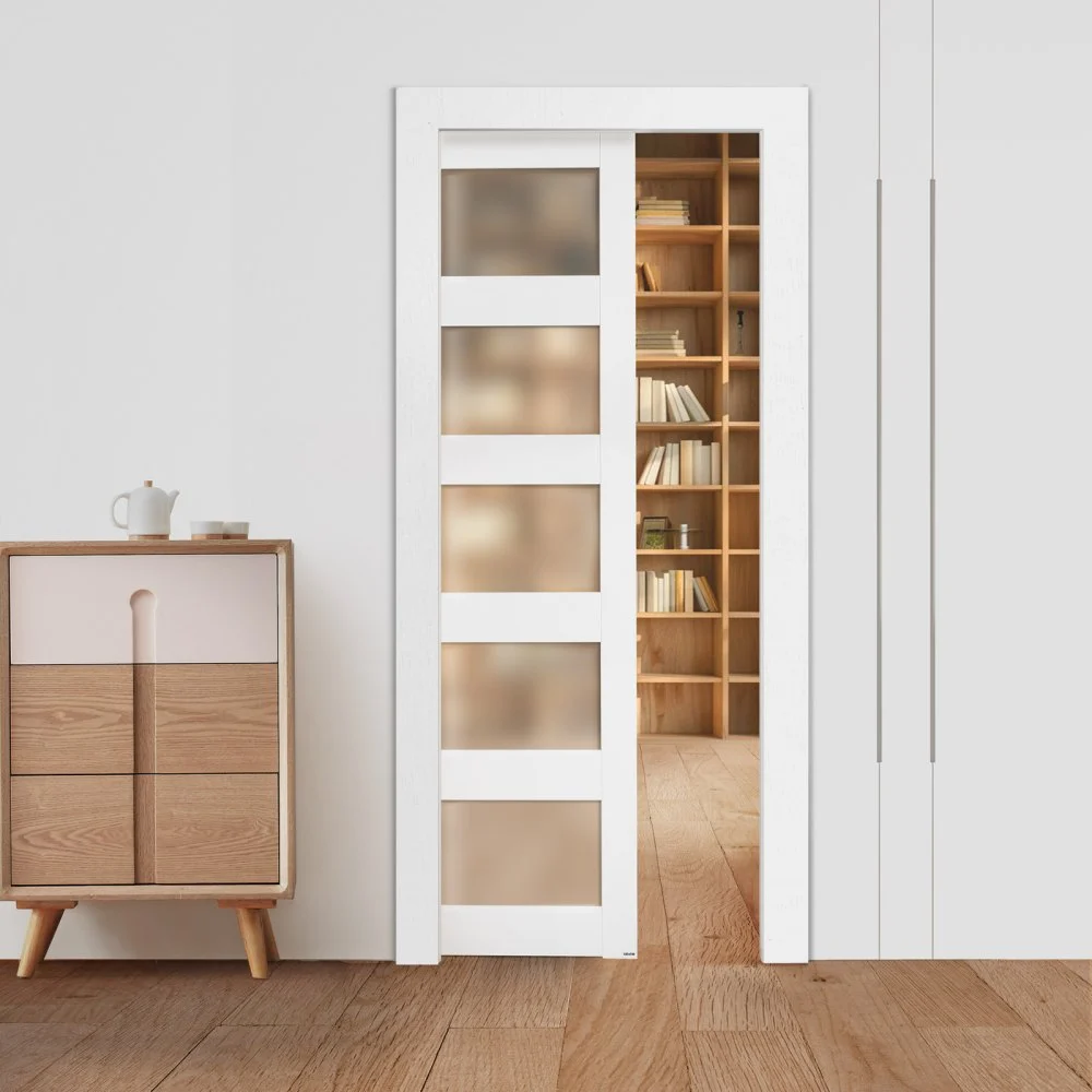 VEVOR Sliding Pocket Door, 36" x 80", 5-Lite Frosted Glass Single Sliding Door with Hardware Kit, Sturdy Solid Wood & MDF Pocket Doors Slab with Waterproof Surface for Bedroom Kitchen Study Room