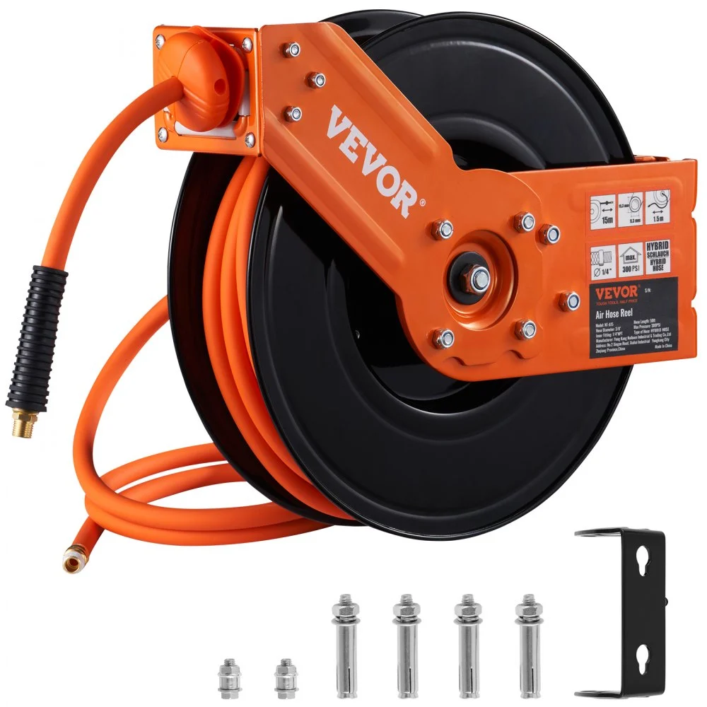 VEVOR Retractable Air Hose Reel, 3/8 IN x 50 FT Hybrid Air Hose Max 300PSI, Air Compressor Hose Reel with 5 In Lead in, Ceiling / Wall Mount Heavy Duty Single Arm Steel Reel