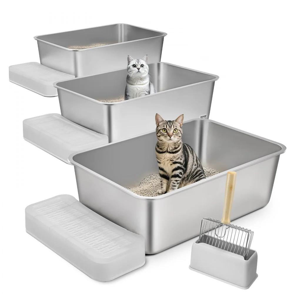 VEVOR Cat Litter Box, 8 inches Deep, XL Extra Large Stainless Steel Cat Litter Box with Scoop, Wide Filtering Foot Board & High Sides, Enclosed Odor-Free Easy-to-Clean Litter Box, Fit for Big Cats