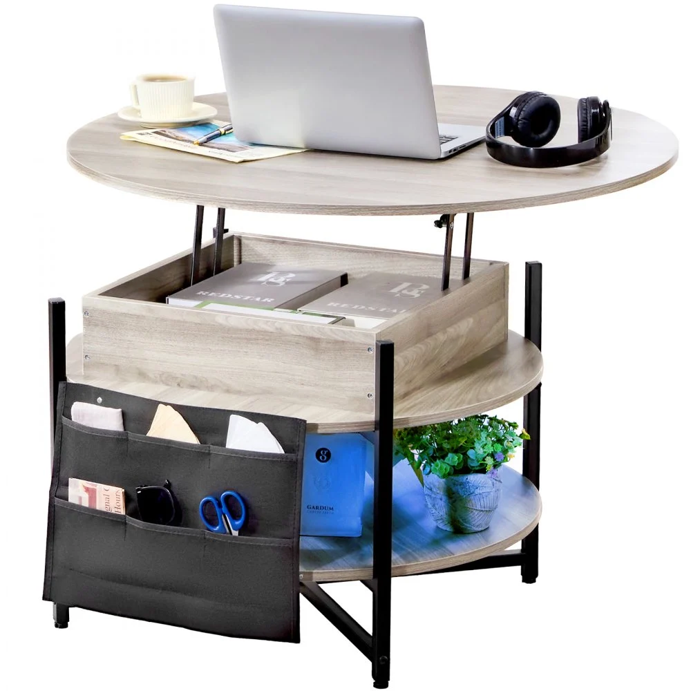 VEVOR Lift Top Coffee Table, 35.3 in Round Coffee Table with Extra Storage Pockets, Pop Up Coffee Table for Living Room, White