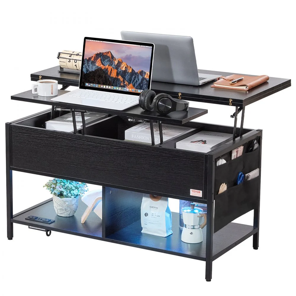 VEVOR Lift Top Coffee Table, 39.4 in Rectangle Coffee Table with Extra Storage Pockets, Flipable Coffee Table with Power Strip & USB & Ambient Lighting for Living Room, Black
