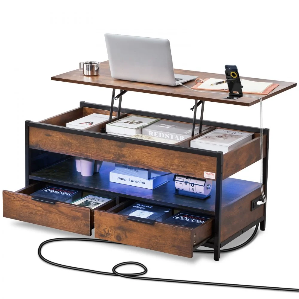 VEVOR Lift Top Coffee Table, 39.4 in Rectangle Coffee Table with Extra Storage Pockets, Pop Up Coffee Table with Power Strip & USB & Ambient Lighting for Living Room, Brown