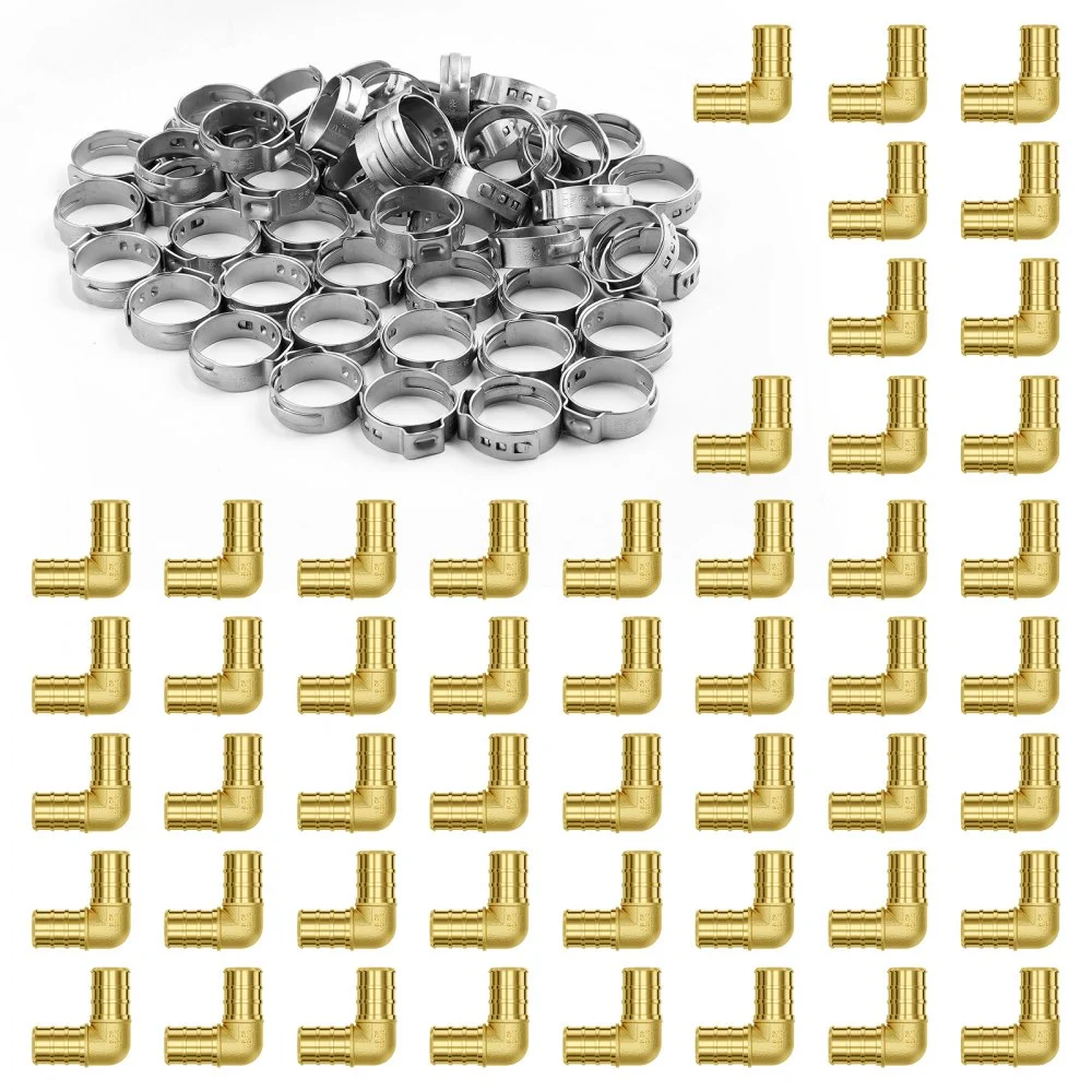VEVOR Pipe Fittings, 1/2" 50PCS Brass Pipe Fittings, Clamp-style Elbows Pipe Connector Brass Air Fittings, Heavy Duty Plumbing Fittings Tube Adapter for Heating/Shower Systems, Outdoor Water Pipes