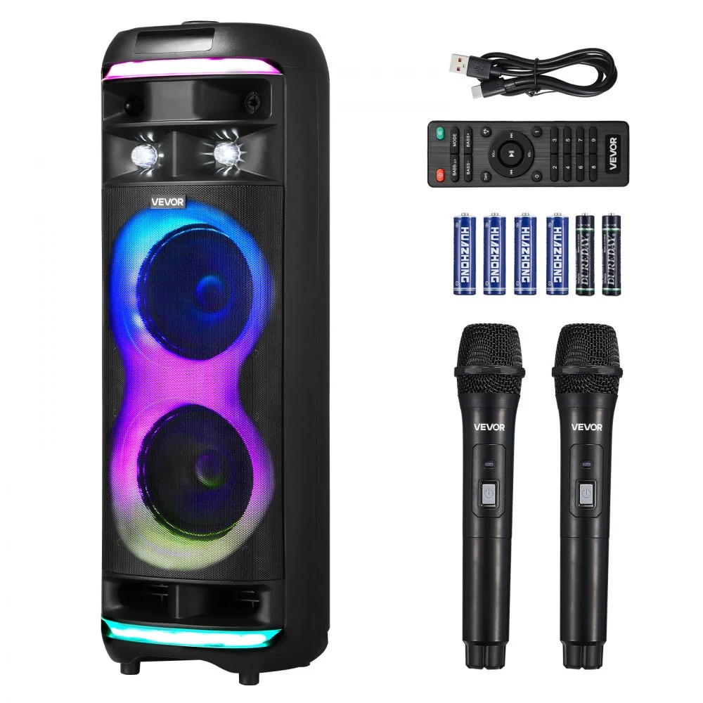 VEVOR Karaoke Machine for Adults, 80W, 8-inch Portable Bluetooth Speaker with 2 Wireless Microphones, LED Light, TWS Function, Rolling Wheels, Supports Micro TF Card, USB, AUX, for Home Karaoke Party