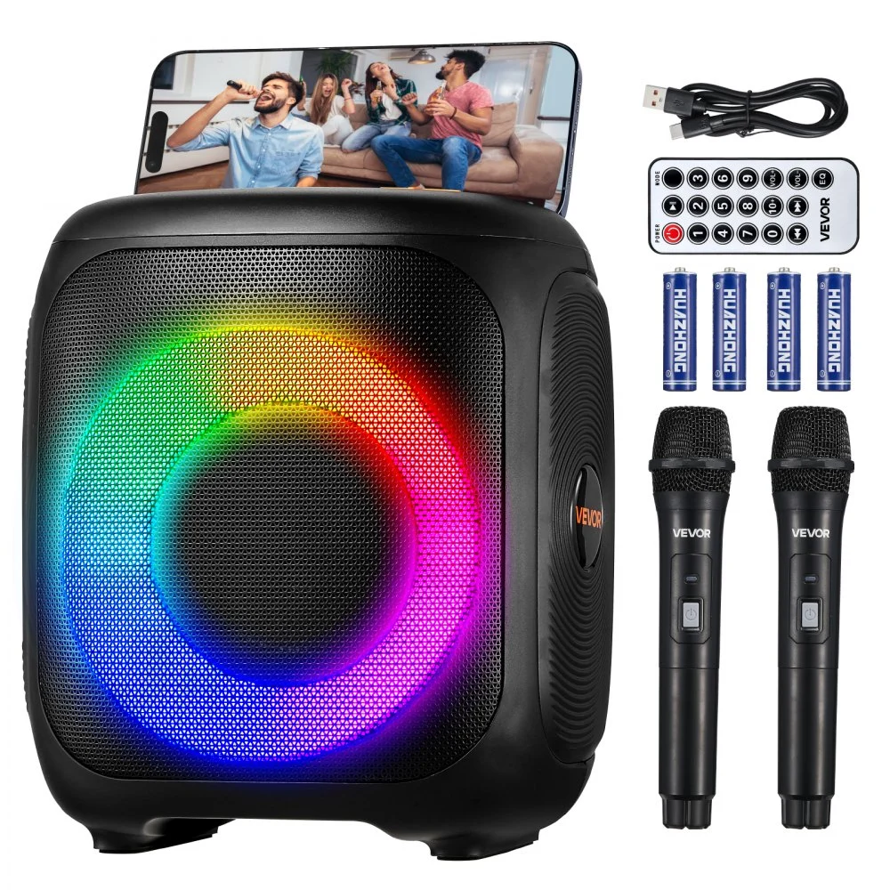 VEVOR Karaoke Machine for Adults, 15W, 4-inch Portable Bluetooth Speaker with 2 Wireless Microphones, LED Light, TWS Function, Handle, Supports Micro TF Card, USB, AUX, for Home Karaoke Party Singing