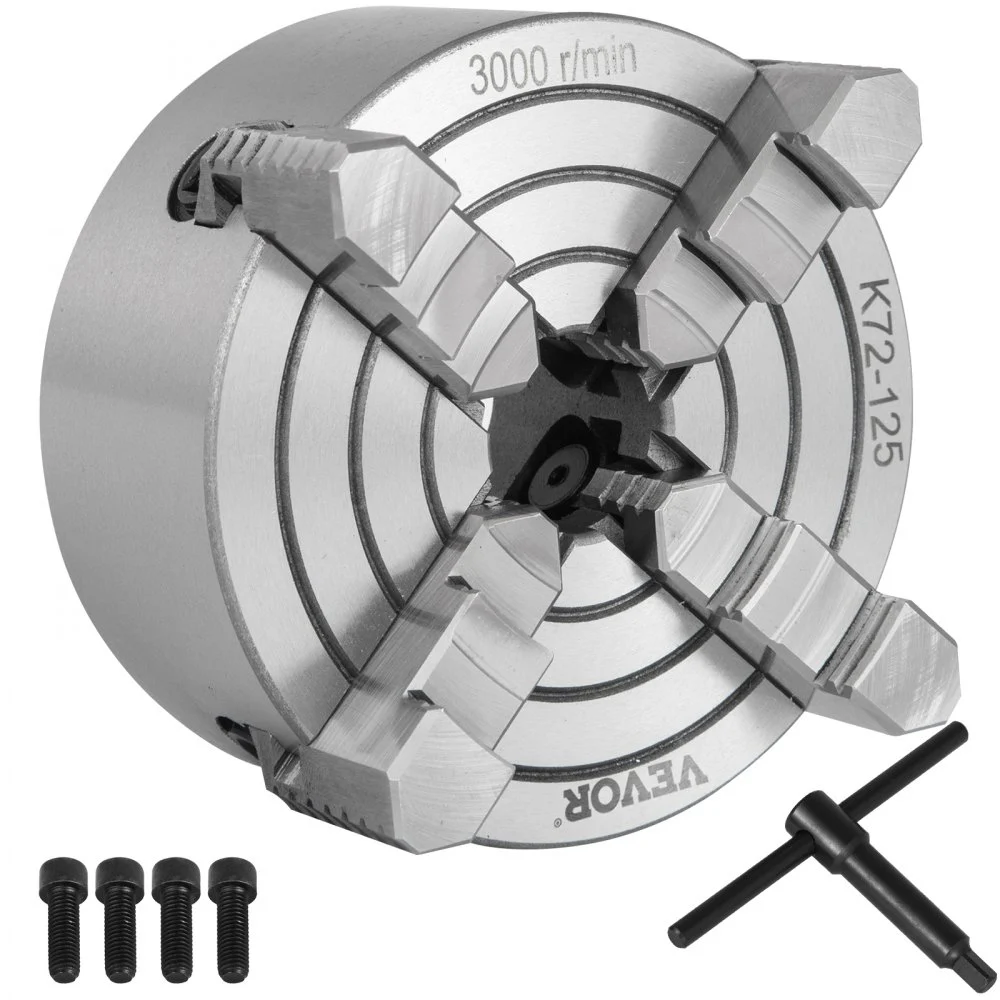 VEVOR K72-125 Lathe Chuck, 5 Inch, 4-Jaw, Independent Metal Lathe Chuck with Reversible Jaw, Cast Iron Body, 0.276 -2.244 in Internal 1.89 -4.92 in External Jaw Clamping Range, for Lathes Machine