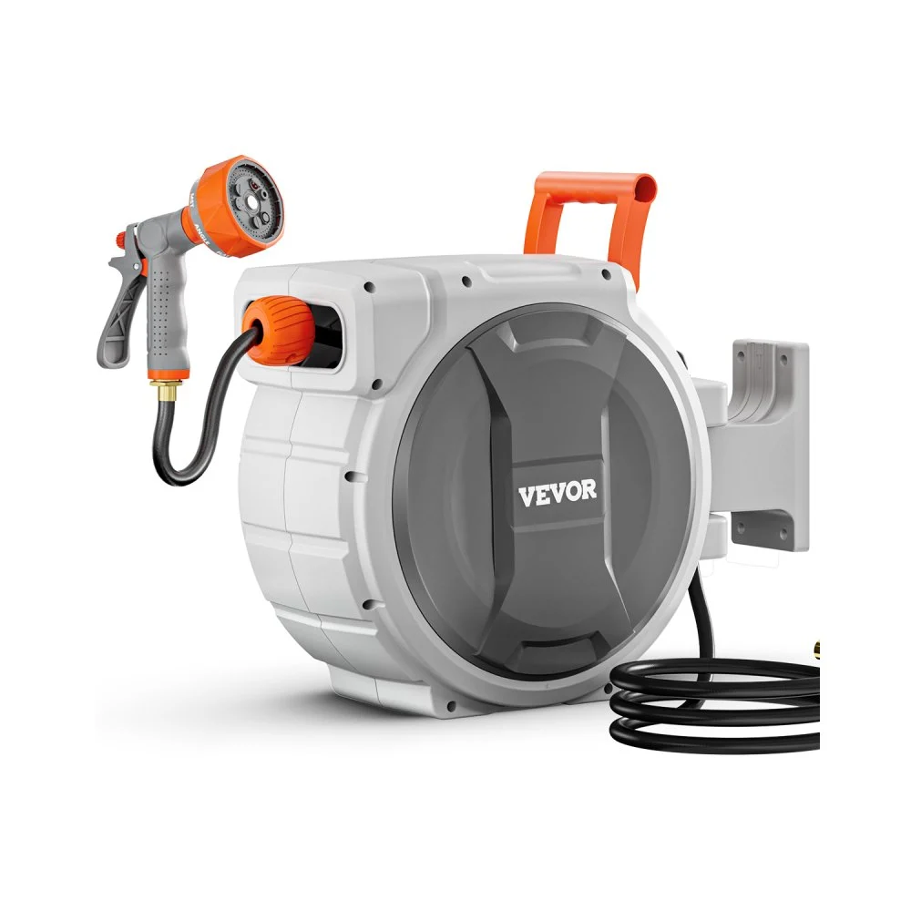 VEVOR Retractable Garden Hose Reel, 1/2 Inch x 65 ft Wall Mounted Hose Reel, Heavy Duty Garden Hose Reel with 9 Patterns Nozzle, Any Length Lock, Upgraded Slow Return System and 180°Swivel Bracket