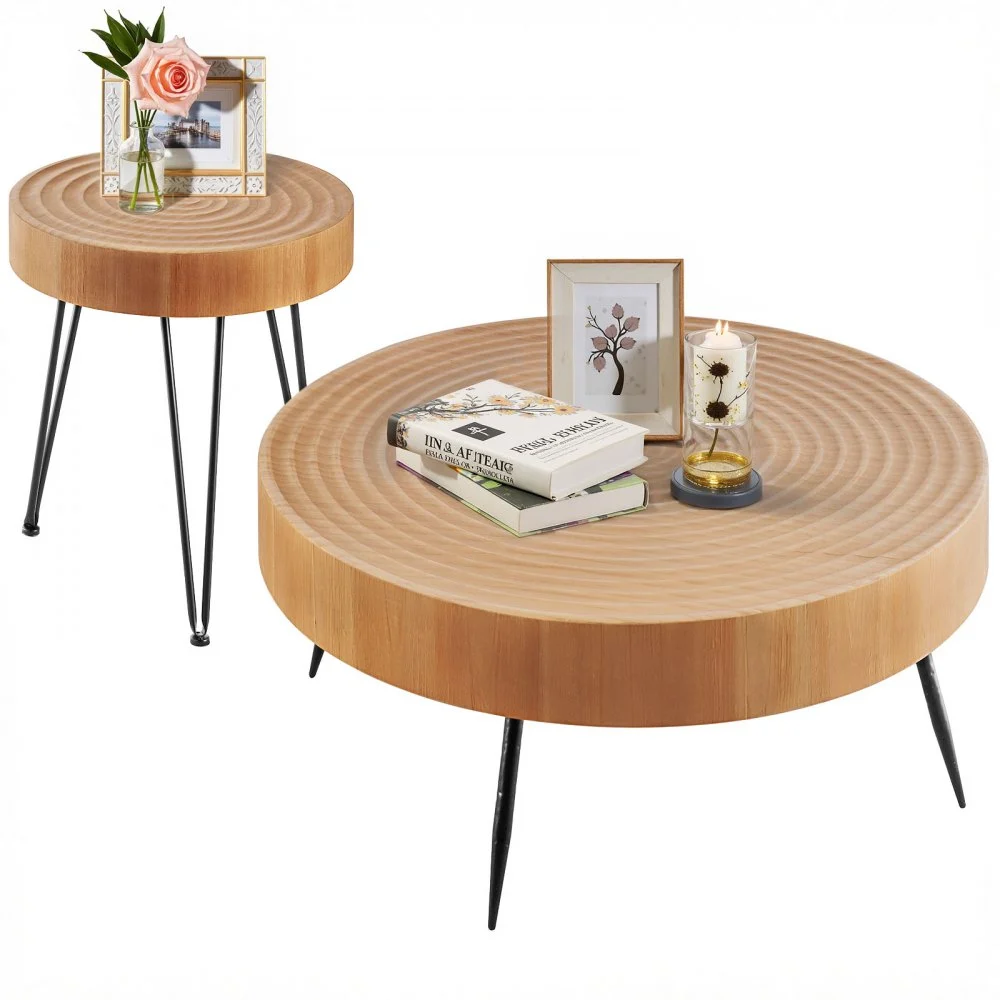 VEVOR 2 Pieces Round Coffee Tables Sets, 31.3 in Industrial Living Room Table with 1 End Side Table, Easy Assembly Coffee and End Tables Sets with Metal Legs, for Office, Living Room and Apartment