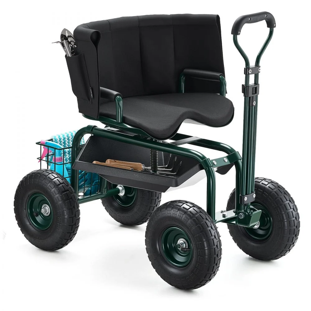 VEVOR Garden Seat with Wheels, Rolling Garden Stool with Height Adjustable & 360° Swivel Seat, 400lbs Weight Capacity, Gardening Cart Bench, Ergonomic Backrest & Tool Storage, for Garden, Yard, Patio