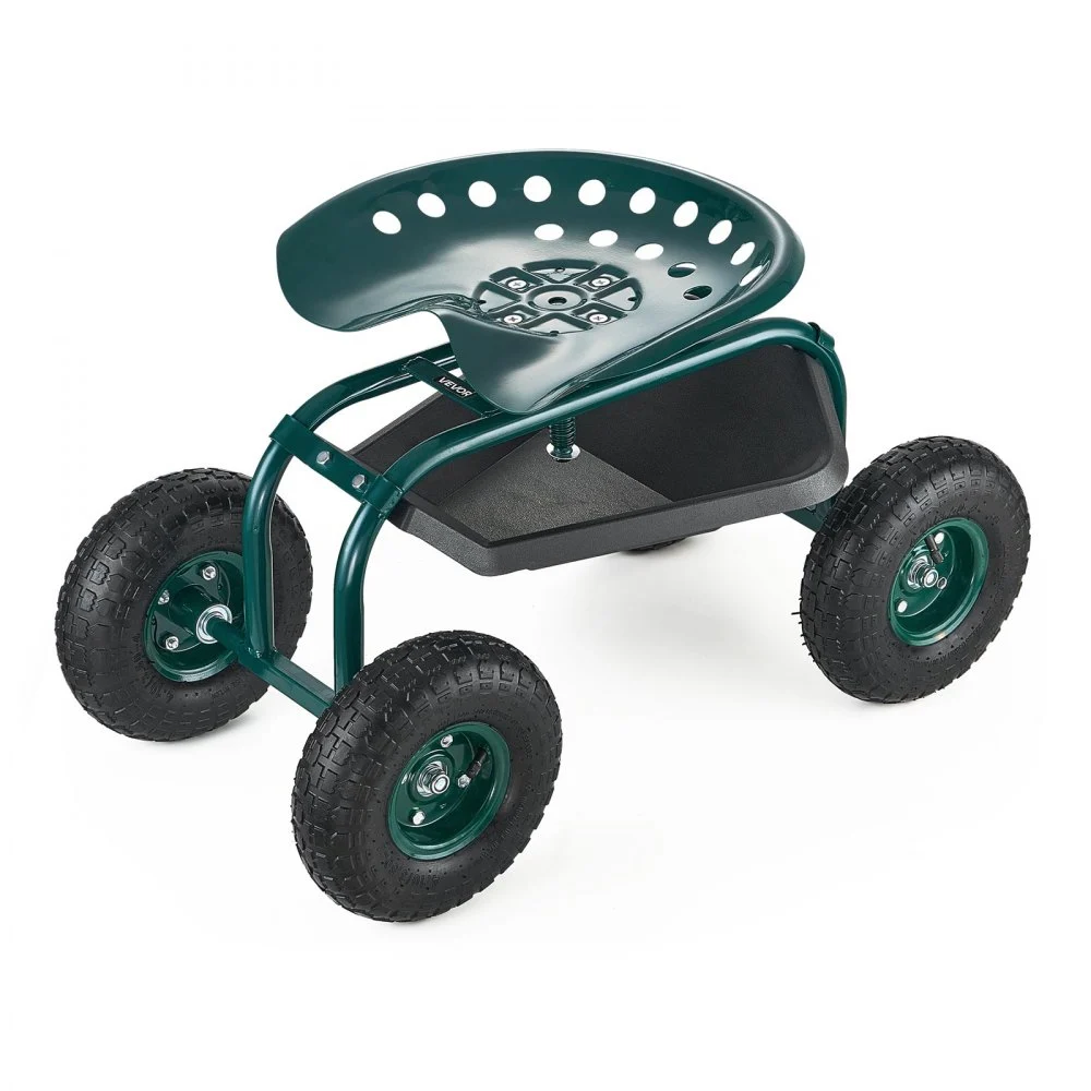 VEVOR  Rolling Garden Cart with Swivel Seat, Heavy Duty Garden Seat with Storage Basket & Tool Tray, 300 lbs Weight Capacity, Outdoor Utility Gardening Stool Scooter for Lawn Yard Planting Weeding