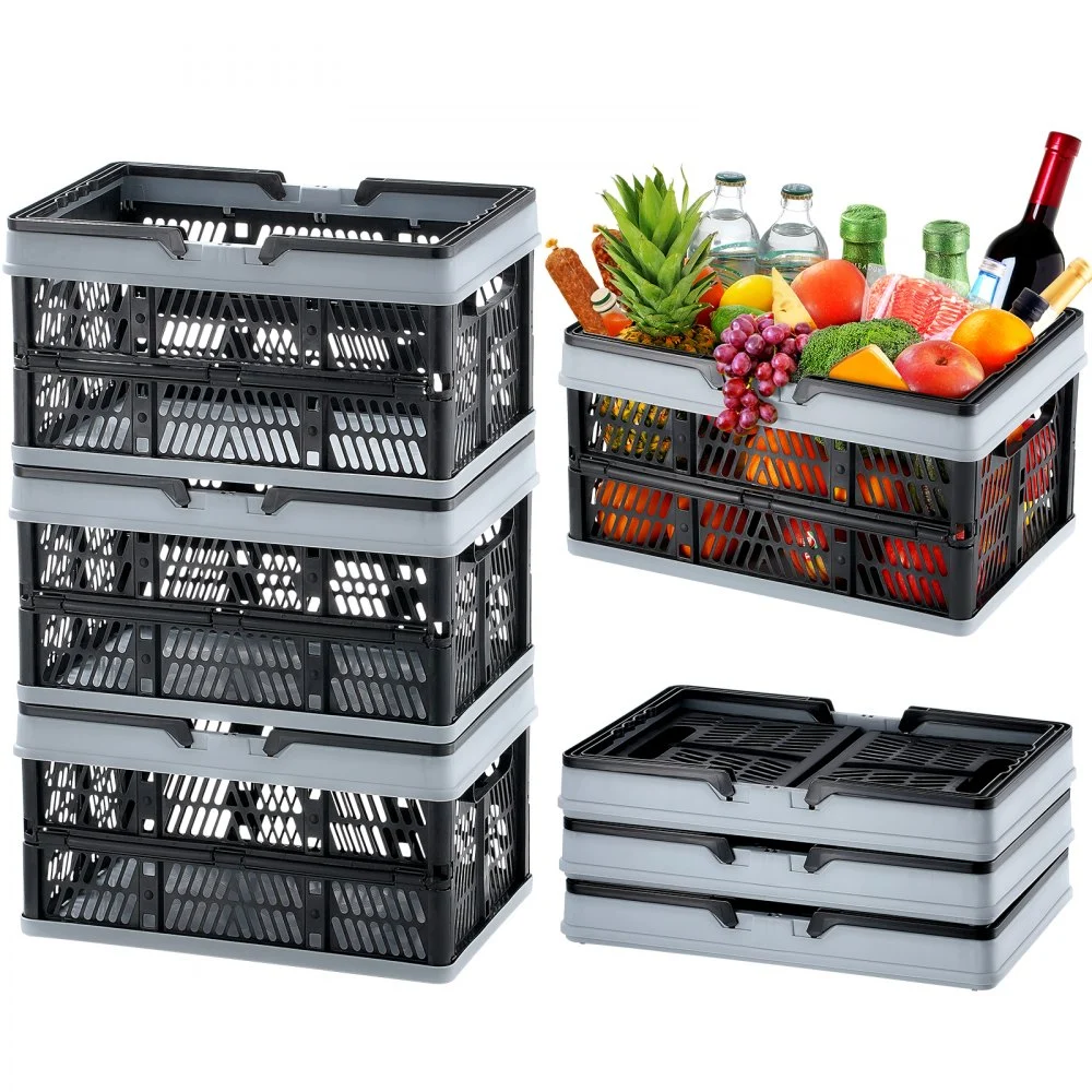 VEVOR Collapsible Shopping Basket, 3 Pack, 16L Plastic Foldable Storage Crate with Handle, Grocery Fruit Vegetable Shopping Basket Folding Storage Container for Supermarket Retail Shopping, Black