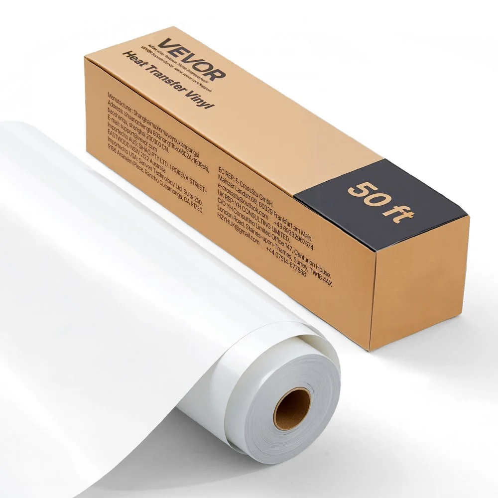 VEVOR Heat Transfer Vinyl, 12 in x 50 ft, Glossy White HTV Iron on Vinyl Roll, Easy to Cut and Weed, Strong Adhesion, Compatible with Cutting Machines, for Various Materials, T-shirts, Pillows, Hats