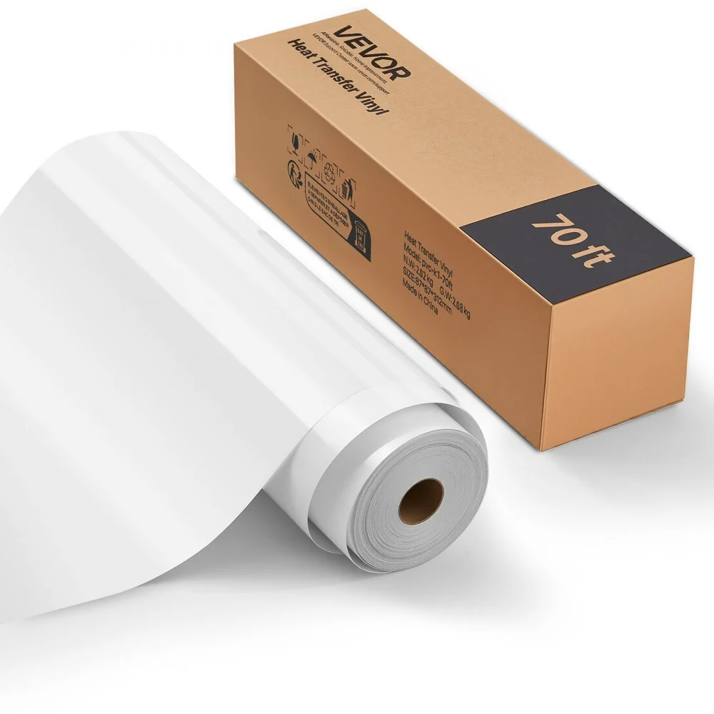 VEVOR Heat Transfer Vinyl, 12 in x 70 ft, Glossy White HTV Iron on Vinyl Roll, Easy to Cut and Weed, Strong Adhesion, Compatible with Cutting Machines, for Various Materials, T-shirts, Pillows, Hats