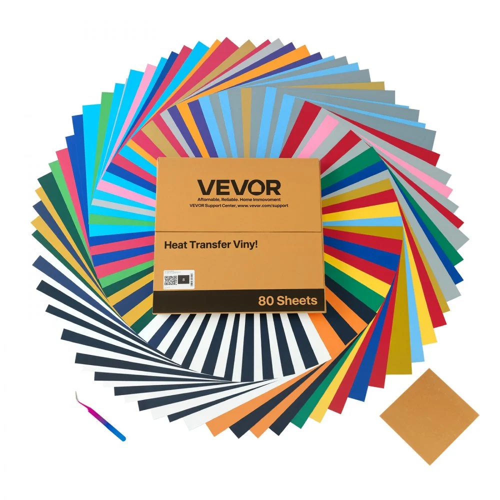 VEVOR Heat Transfer Vinyl, 80 Pack, 12 x 12 in, Assorted Colors HTV Iron on Vinyl Bundle, Easy to Cut and Weed, with Accessories, Compatible with Cutting Machines, for Various Materials, T-shirts