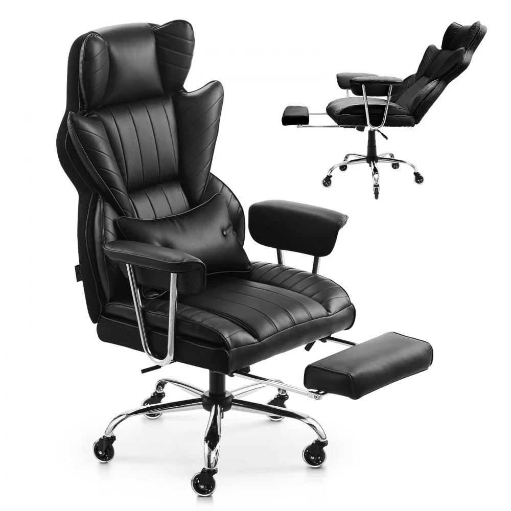 VEVOR Executive Office Chair with Footrest, 400lb Capacity Office Chair with Lumbar Pillow & Removable Armrests, Heavy Duty Ergonomic Chair, PU Leather Reclining Home Office Desk Chairs, Black