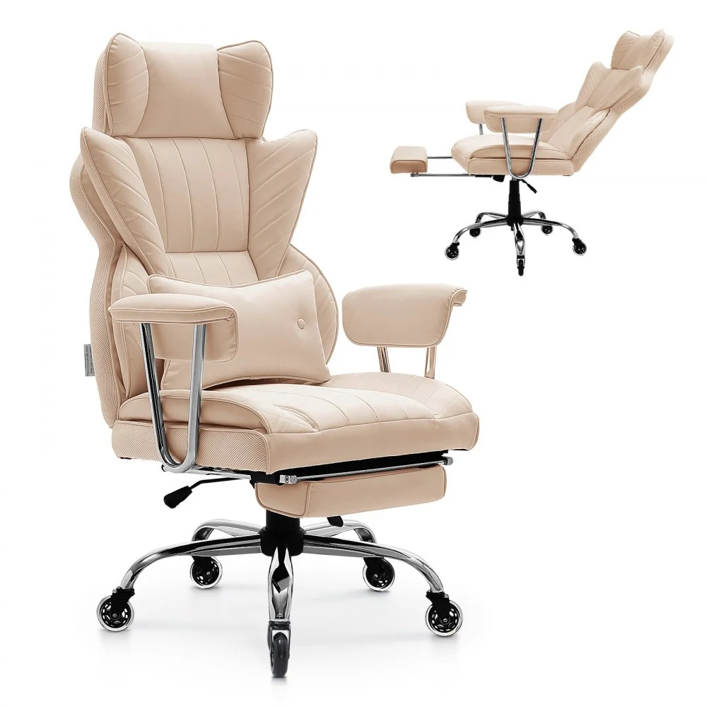 VEVOR Executive Office Chair with Footrest, 400lb Capacity Office Chair with Lumbar Pillow & Removable Armrests, Heavy Duty Ergonomic Chair, PU Leather Reclining Home Office Desk Chairs, Brown