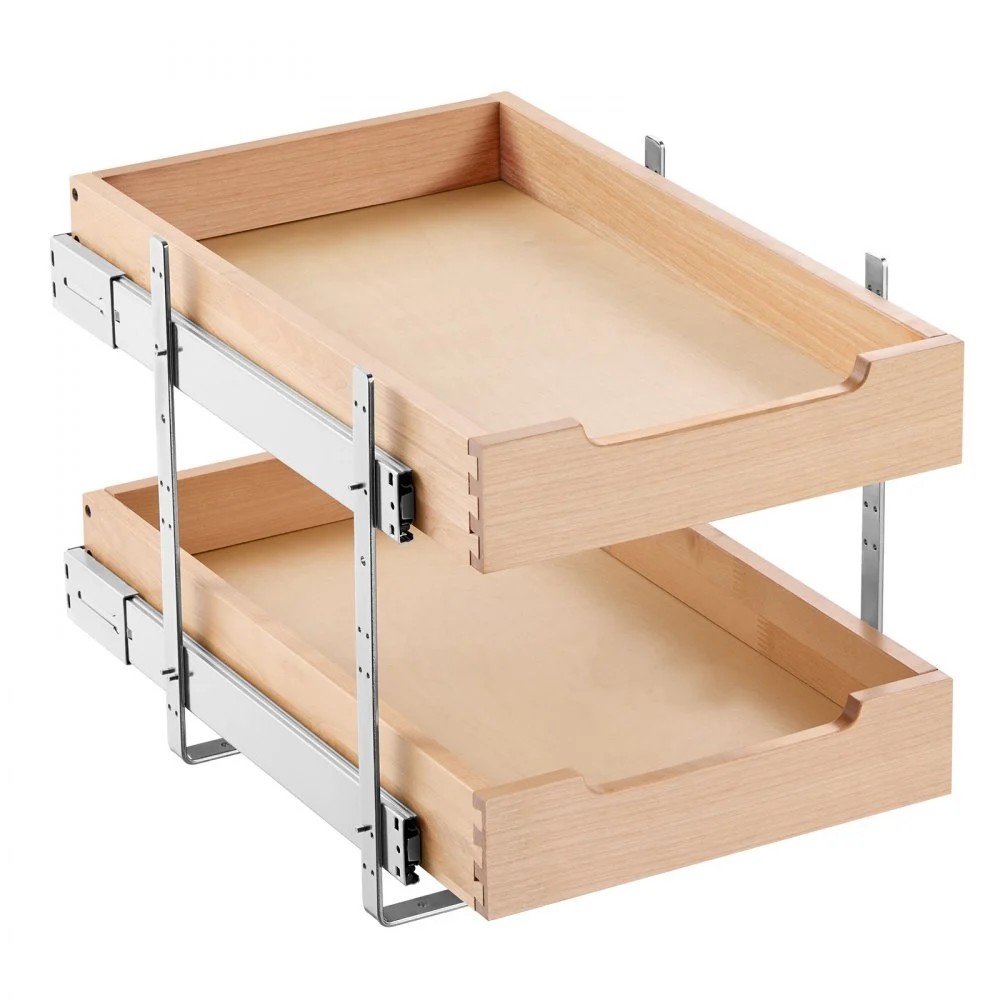 VEVOR 2 Tier Pull Out Cabinet Organizer, 14"W x 21"D Cabinet Drawer, Soft Close Slide out Shelf, Heavy-Duty Sliding Wood Drawer, Adjustable Base Cabinet Organization for Kitchen Pantry Bathroom