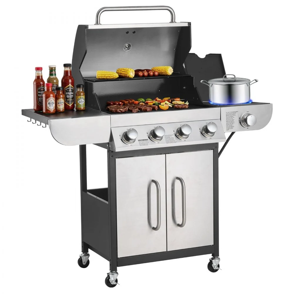 Summer Sale
VEVOR Gas Grill, 4 Burner Propane Gas Grill with Side Burner, 425 SQ.In Grilling Area, Carbon Steel Enamel Grates, Outdoor 52,000 BTU Patio Garden BBQ Grills with Two Side Shelves, Stainless Steel