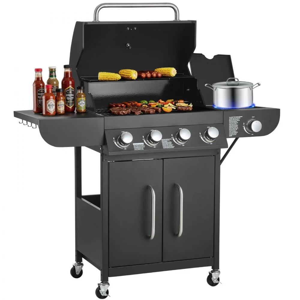 Summer Sale
VEVOR Gas Grill, 4 Burner Propane Gas Grill with Side Burner, 425 SQ.In Grilling Area, Carbon Steel Enamel Grates, Outdoor 52,000 BTU Patio Garden BBQ Grills with Two Side Shelves, Carbon Steel