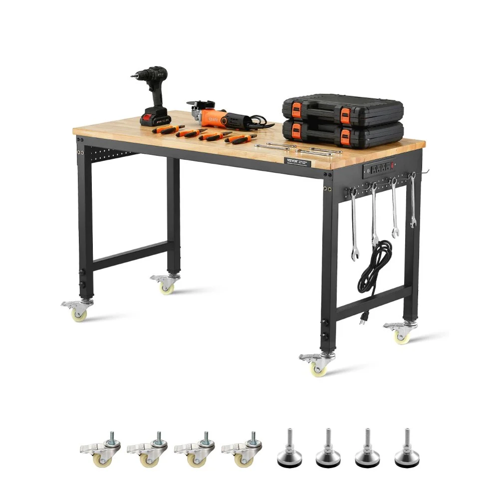 Summer Sale

        
               VEVOR 48-Inch Adjustable Workbench, 2000 lbs Load, Work Bench with Power Outlet, Wheels, and Pegboard, Heavy Duty Oak Wood Top Work Table for Garage, Workshop, Office, and Home