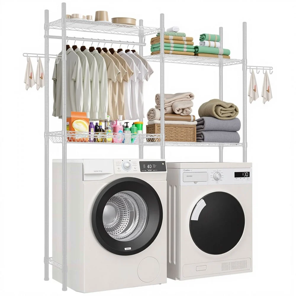 VEVOR Over Washer and Dryer Storage Shelves, 4 Tiers Laundry Room Drying Rack with Hanger Rod and Hooks, Two Rows Adjustable Washer Shelves Space Saver, for Laundry Room Storage & Organization, White