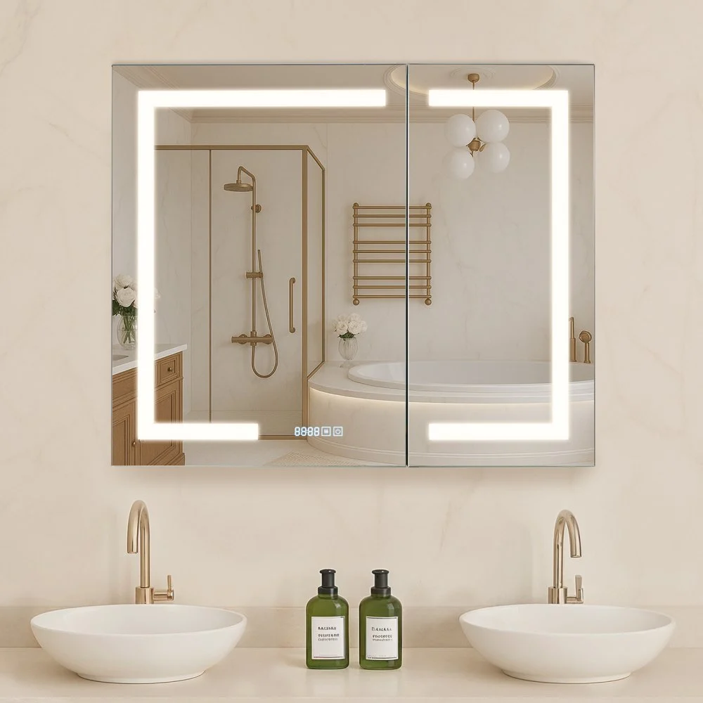 Summer Sale

        
               VEVOR Lighted Medicine Cabinet with Mirror, 36 x 30 in Recessed or Wall Mount, 3 Color Dimmable LED Bathroom Medicine Cabinet with HD Mirror, Clock, Adjustable Shelve Storage, Memory Defog Function