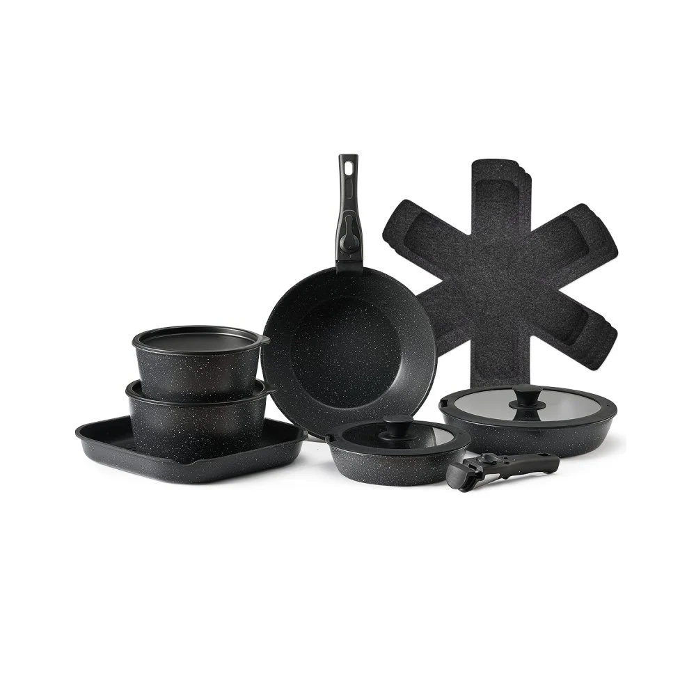 VEVOR 17 Piece Pots and Pans Set, Granite Nonstick Detachable Handle Cookware, Space Saving Induction Cookwares, Kitchen RV Cooking Sets with Frying, Sauce, Saute, Tempered Glass Lid, Oven Safe, Black