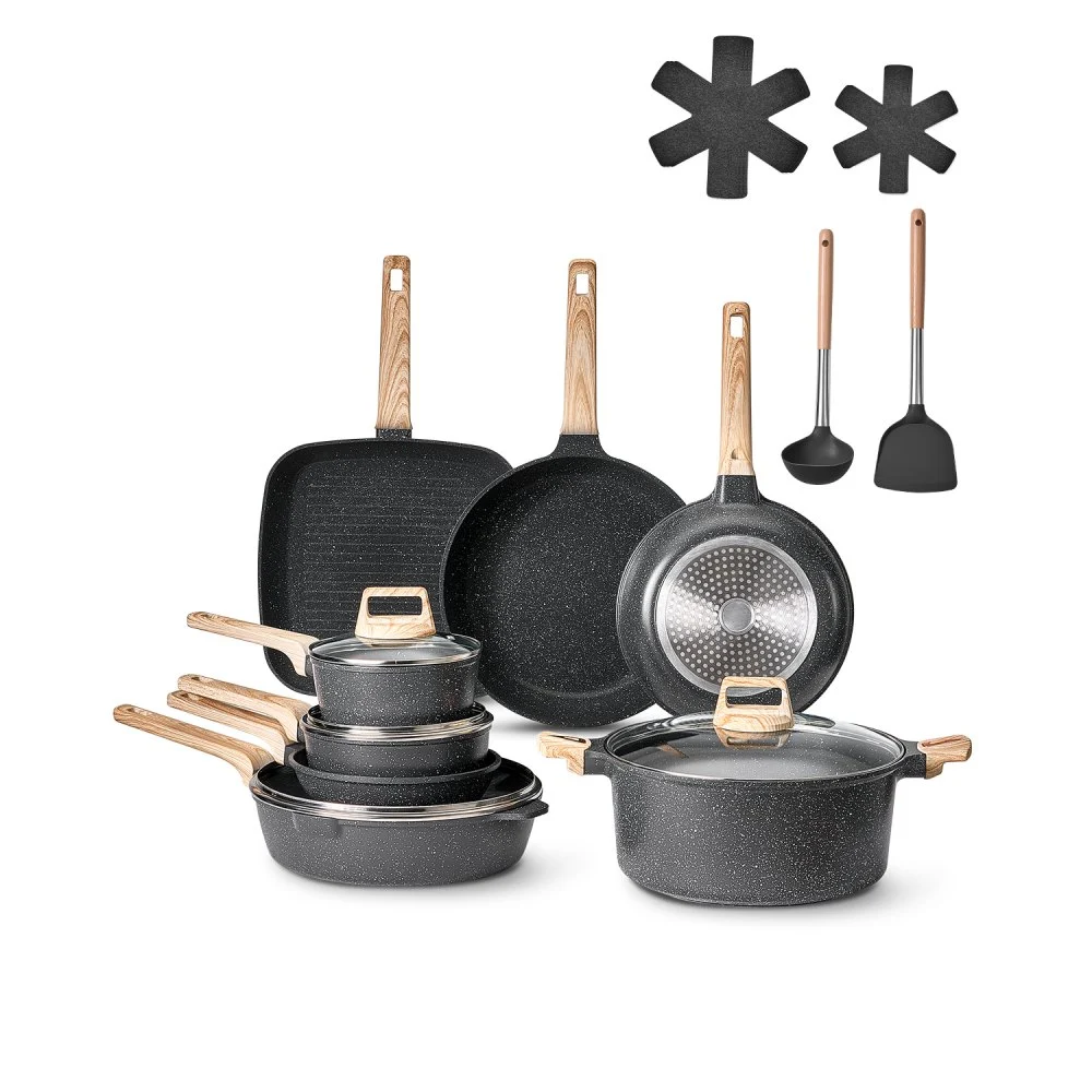 VEVOR 19 Piece Pots and Pans Set, Granite Nonstick Cookware Set, Induction Cookwares, Kitchen RV Cooking Sets with Frying, Sauce, Saute, Tempered Glass Lids, and Pan Protectors, Black