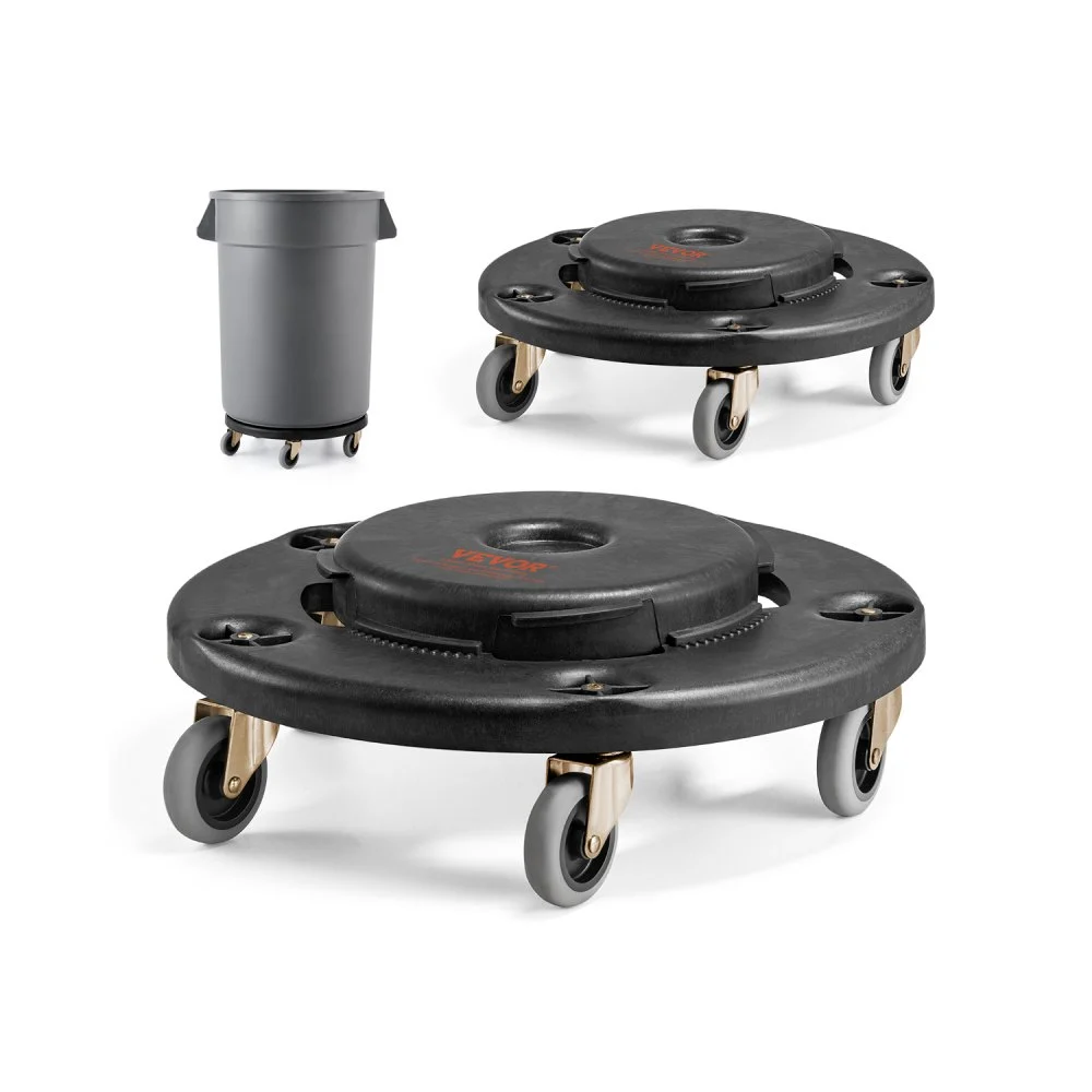 VEVOR Trash Can Dolly, Fit 20, 32, 44, 55 Gallon Containers, 2 Packs Round Trash Can Roller Base with 4 Lockable Wheels, 500lbs Heavy Duty Barrel Dolly, Multi-Functional Rolling Dolly Cart