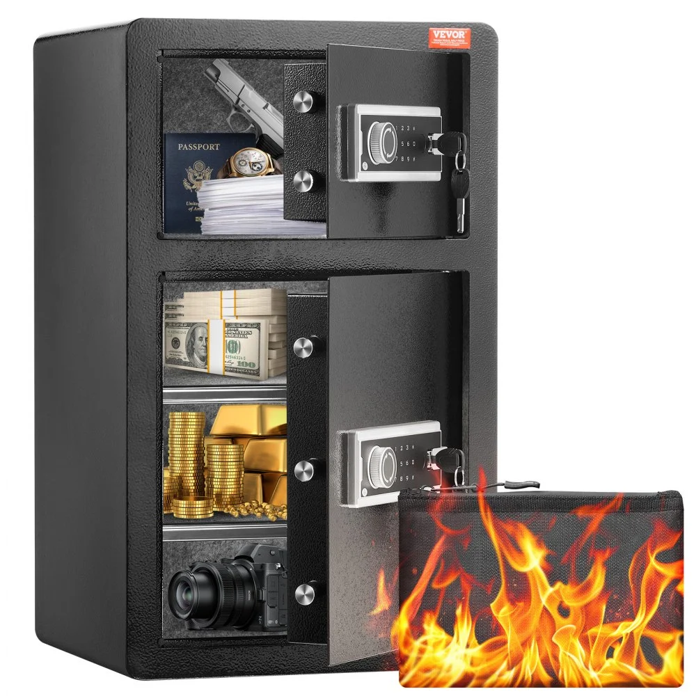Summer Sale
VEVOR Double Doors 4.5 cu.ft Safe Box with Key Lock & Password, Safe Lock Box with Fireproof Bag, Key Rack, LED Light and 2 Height Adjustable and Removable Divider for Money, Documents, Jewelry and Valuables, Black