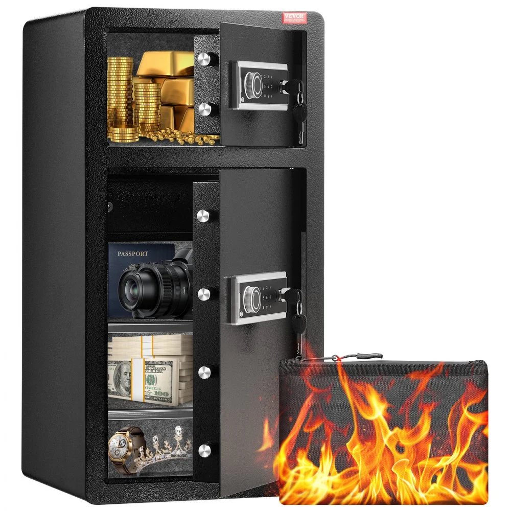 Summer Sale
VEVOR Double Doors 5.5 cu.ft Safe Box with Key Lock & Password, Safe Lock Box with Fireproof Bag, Key Rack, LED Light, 2 Height Adjustable and Removable Divider and 1 Cabinet for Money, Documents, Jewelry and Valuables,