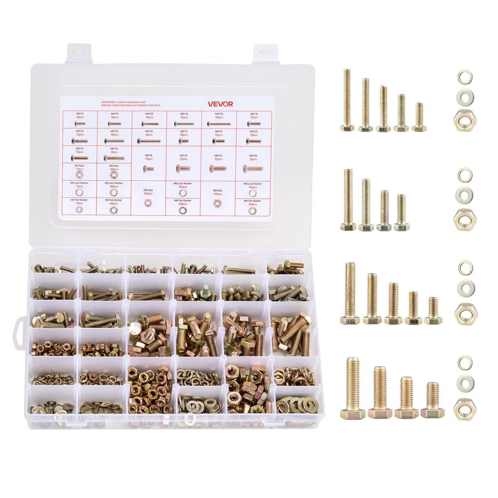 VEVOR 906 Pcs Bolts and Nuts Assortment Kit, Metric Machine Screws and Flat Washers, Alloy Steel M4/M5/M6/M8 Multiple Size, for Equipment Assembly, Vehicle Grade 8.8 Gold-Plated Galvanized