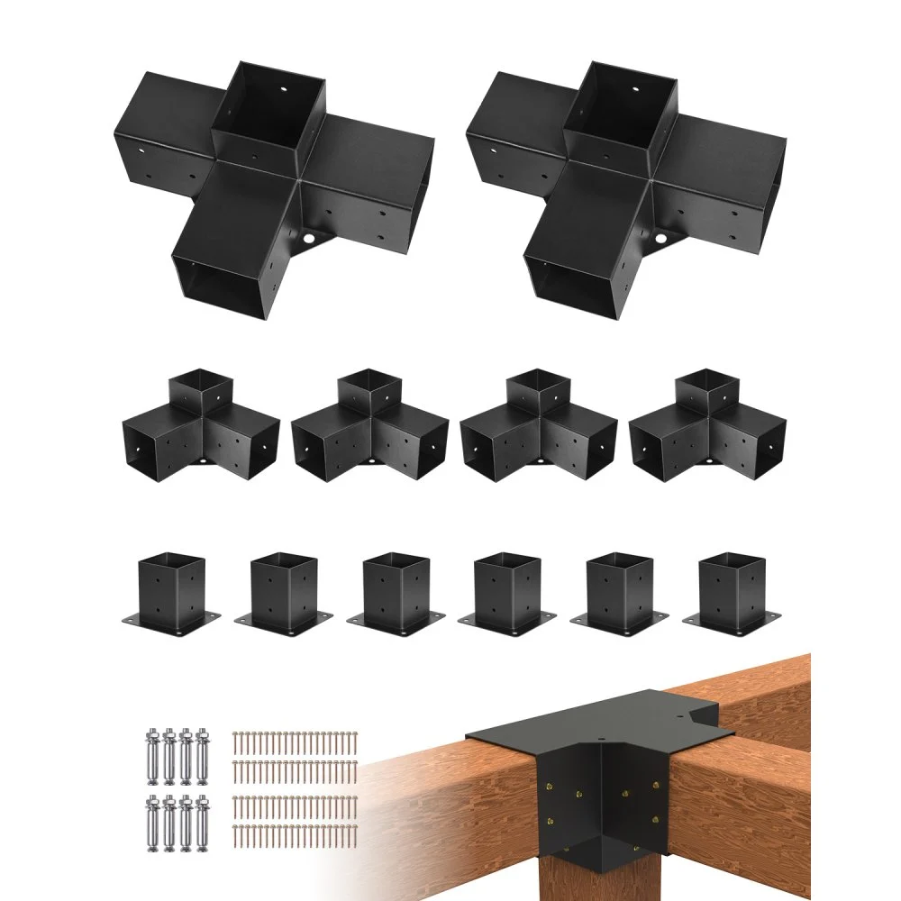 VEVOR Pergola Kit, 4x4 Inch Pergola Brackets for 3.5x3.5 Inch Wood Beams in Actual Dimension, 3-Way (4 Pcs) and 4-Way (2 Pcs) Gazebo Brackets with 6 Post Bases, for Outdoor Pergolas, Gazebos, Sheds