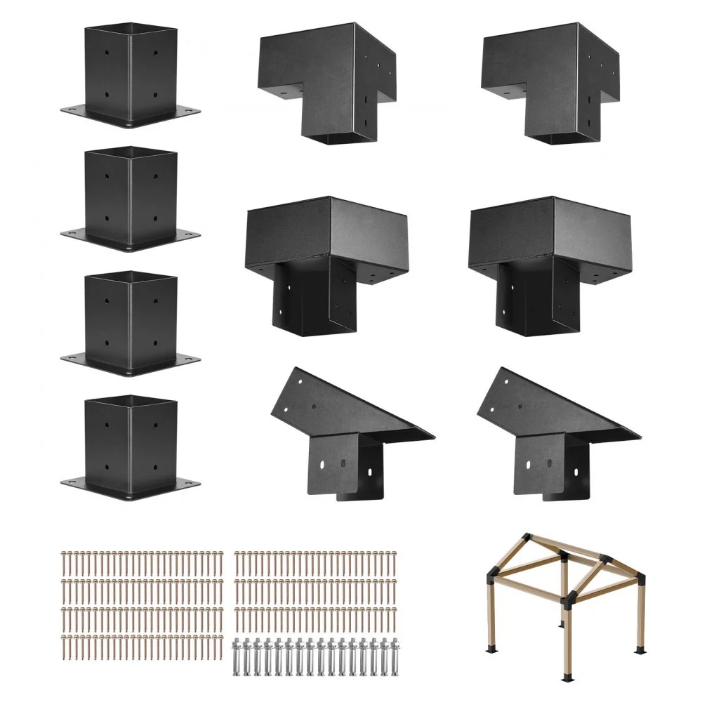 VEVOR Pergola Kit, 4x4 Inch Pointed-Roof Pergola Brackets for 3.5x3.5 In Lumbers in Actual Size, 3-Way / 4-Way Gazebo Bracket with Post Bases & Ridge Brackets for Outdoor Pergolas Gazebo Shed, 14 Pcs