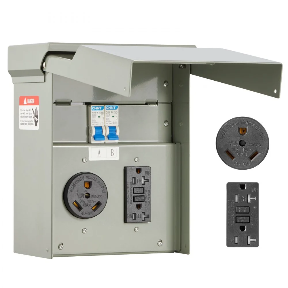 VEVOR Temporary Power Outlet Panel, 20 30 Amp, RV EV Electrical Outlet Panel with NEMA 30 Amp GFCI 20 Amp Receptacle Installed, Pre-Wired IP54 Weatherproof Box, for RV Camper Car Travel Motorhome