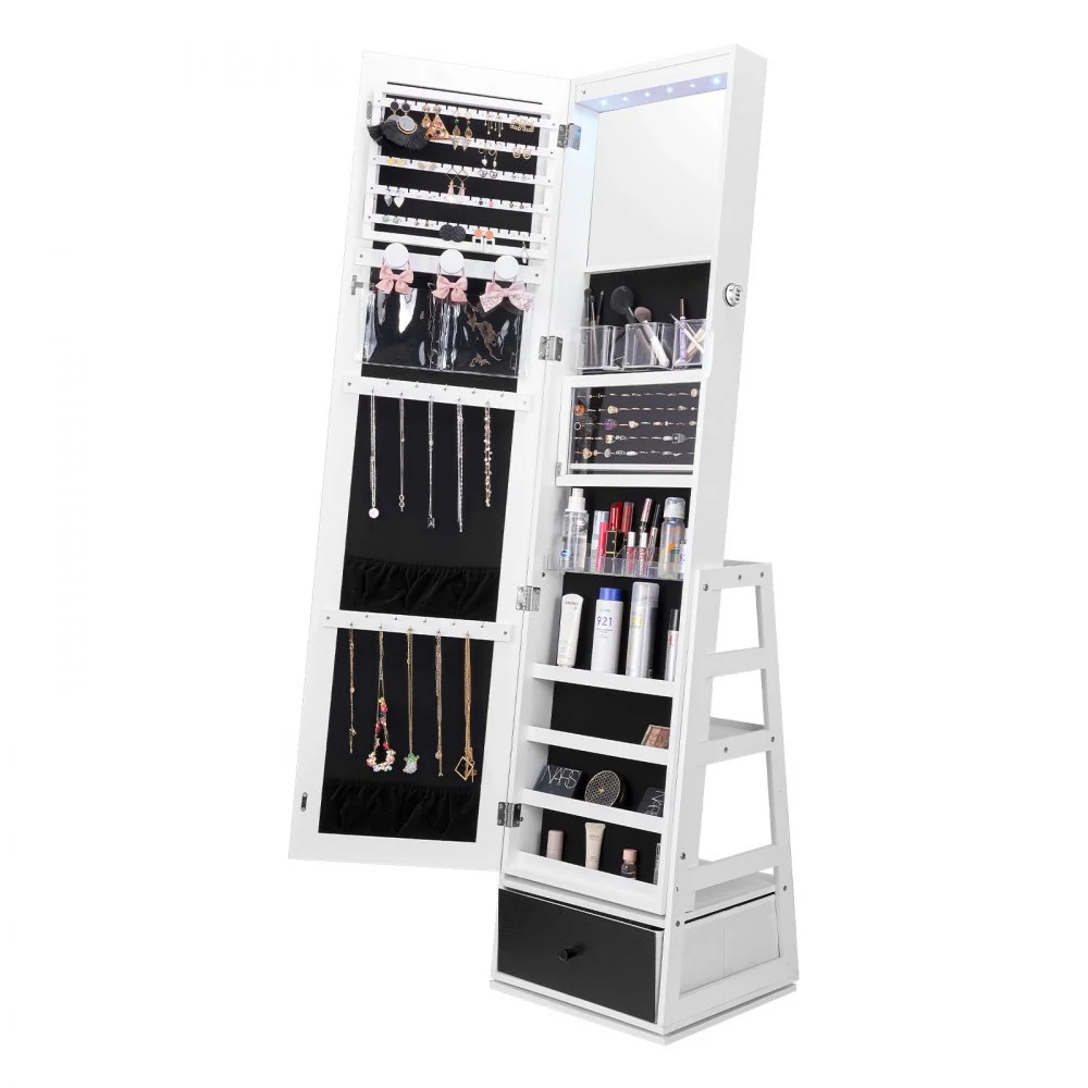 VEVOR Mirror Jewelry Cabinet, 360° Swivel Standing Mirror with Storage, Lockable Jewelry Mirror Organizer with Full Length Mirror, Velvet Lining, LED Light, Drawer, Freestanding Jewelry Armoire, White