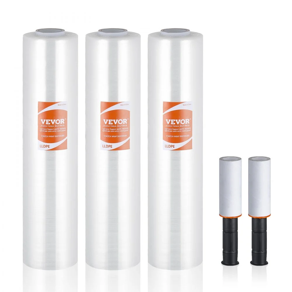 VEVOR Stretch Film, 15 inches x 1000 feet, 3 Pack, 60 Gauge Industrial Strength Clear Durable Stretch Wrap Roll, Heavy Duty Shrink Film Stretch Wrap with Handles for Pallet Wrapping Shipping Moving