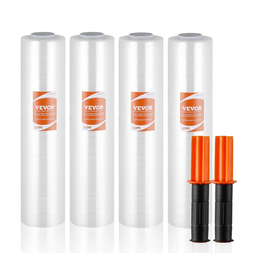 VEVOR Stretch Film, 15 inches x 1000 feet, 4 Pack, 60 Gauge Industrial Strength Clear Durable Stretch Wrap Roll, Heavy Duty Shrink Film Stretch Wrap with Handles for Pallet Wrapping Shipping Moving